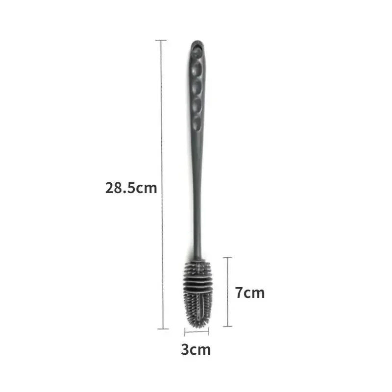 A silicone bottle brush with a long handle and bristles for cleaning cups, thermoses, and glassware.