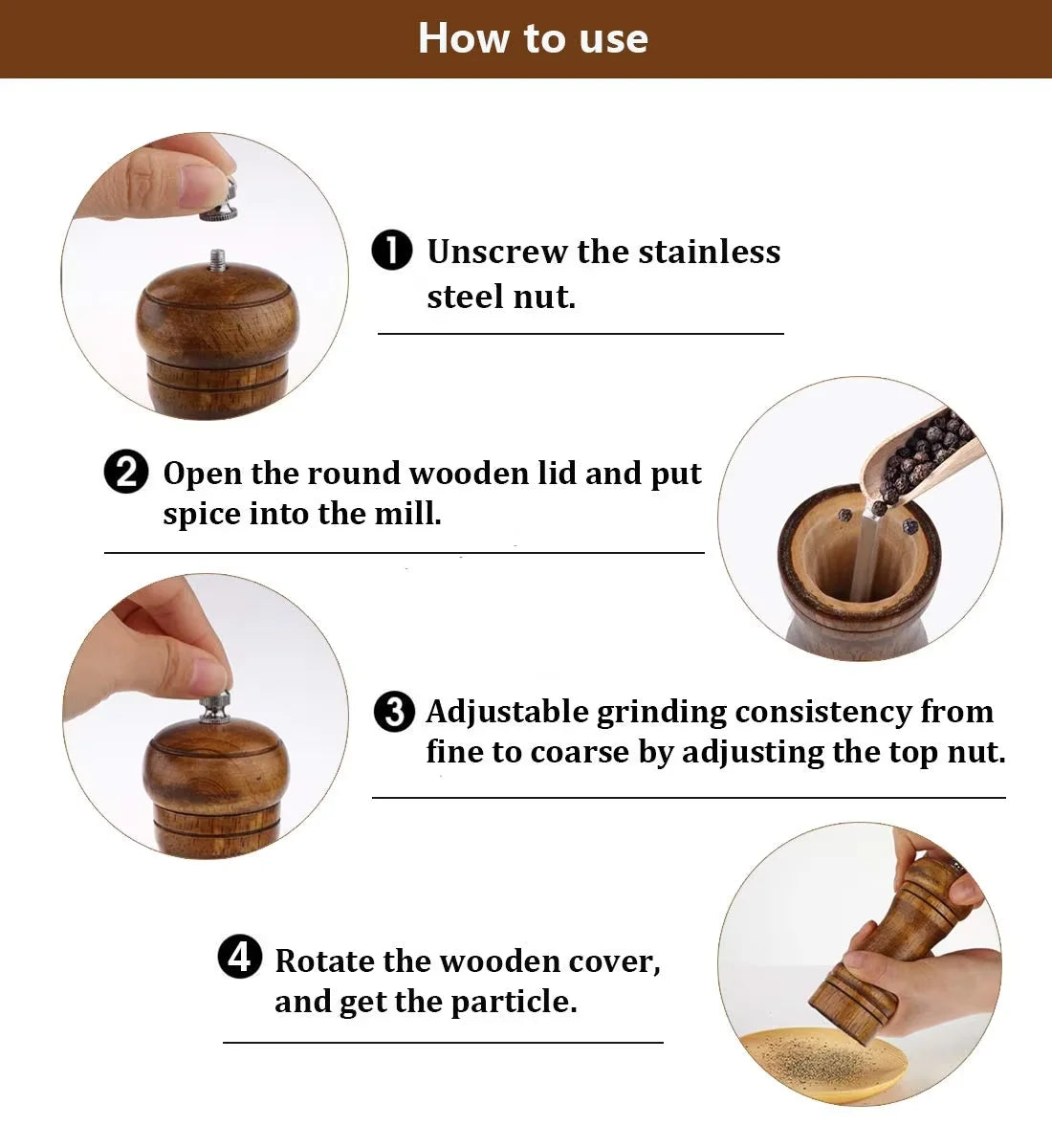 Wooden Pepper Mill with Adjustable Coarseness