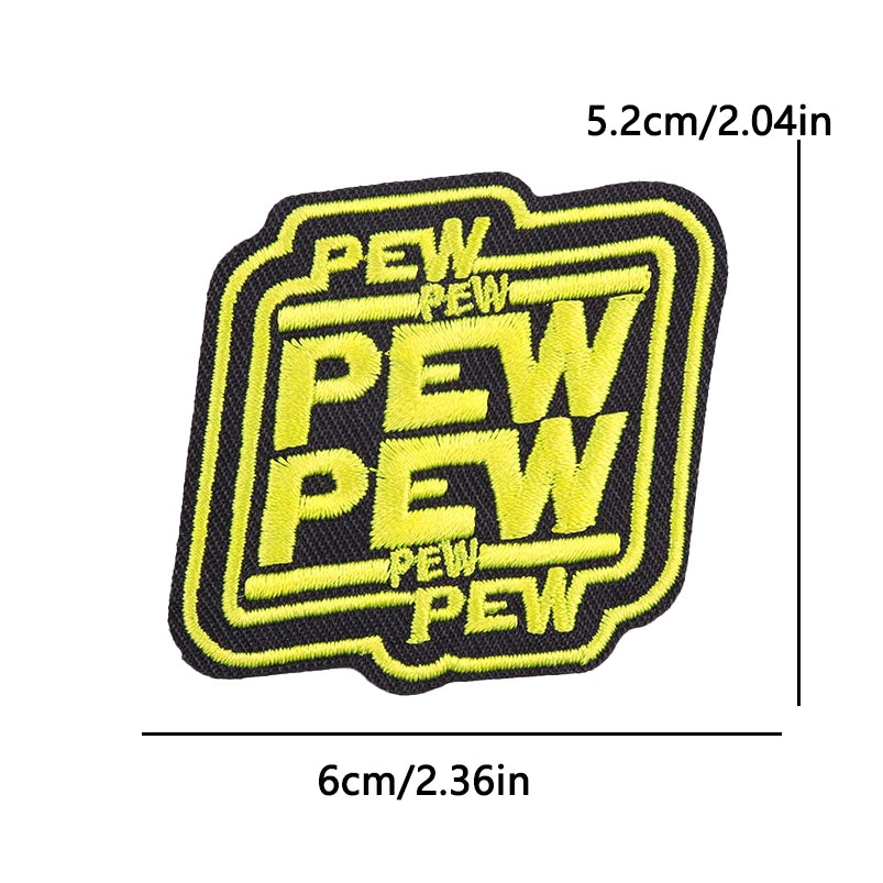 Yellow embroidered iron-on patch with the word PEW repeated in a bold font on a black background