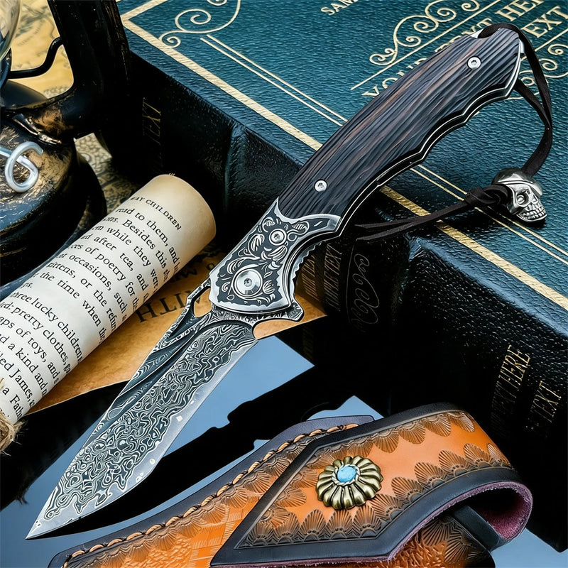 Cuchillo Plegable de Acero Damasco con Mango de Ébano