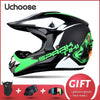 Black and neon green Uchoose Sparki full-face off-road helmet with accessories included as a gift