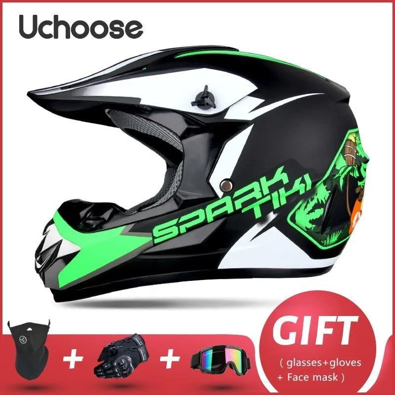 Black and neon green Uchoose Sparki full-face off-road helmet with accessories included as a gift