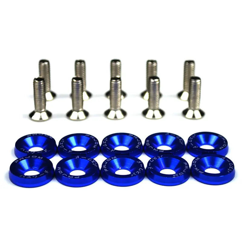 A set of aluminum JDM fender washers and bolts, consisting of several threaded metal components.