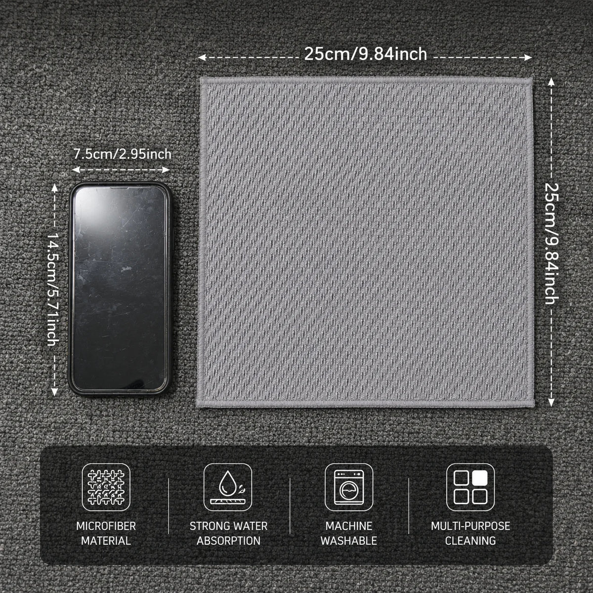 A set of six gray waffle weave microfiber kitchen towels displayed on a dark background.