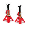 A pair of red metal RC jack stands with black handles and silver clamps.