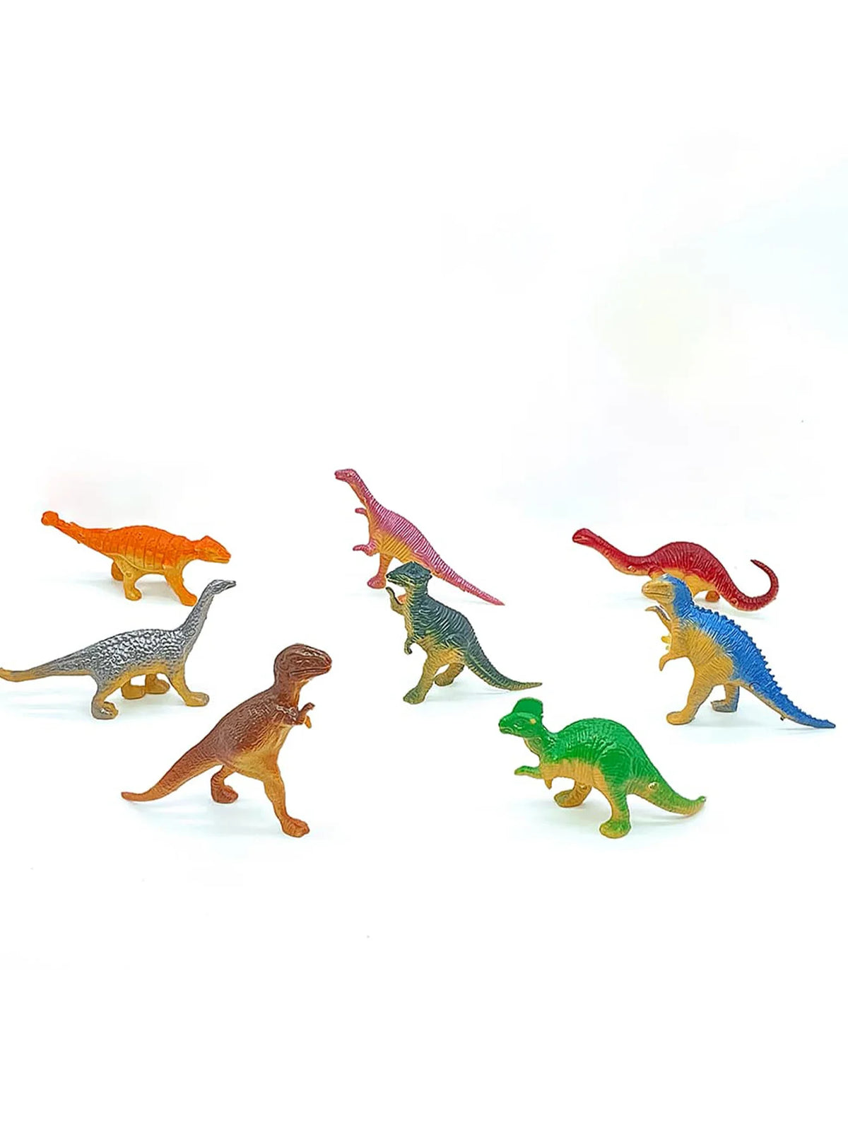 A collection of ten mini dinosaur figurines, including a T-Rex and various other colorful dinosaurs.