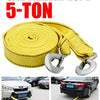 Yellow car trailer rope rated for 5 tons with metal hooks shown next to a vehicle.