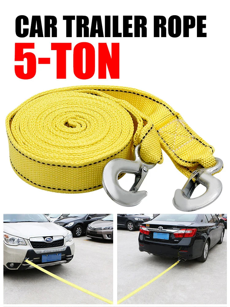 Yellow car trailer rope rated for 5 tons with metal hooks shown next to a vehicle.