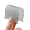 A hand holds a self-adhesive fiberglass screen repair patch, which is a grid-like mesh material.