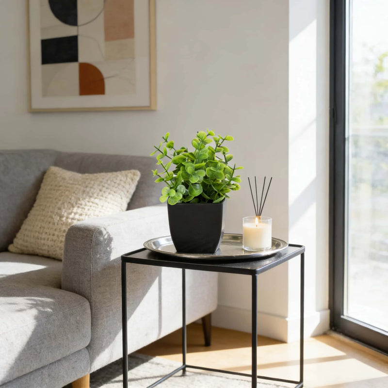 Realistic Mini Eucalyptus Potted Plant with Black Pot