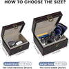 An open carbon fiber box showing how to choose the size for key fobs and phones, with small and large size options displayed.