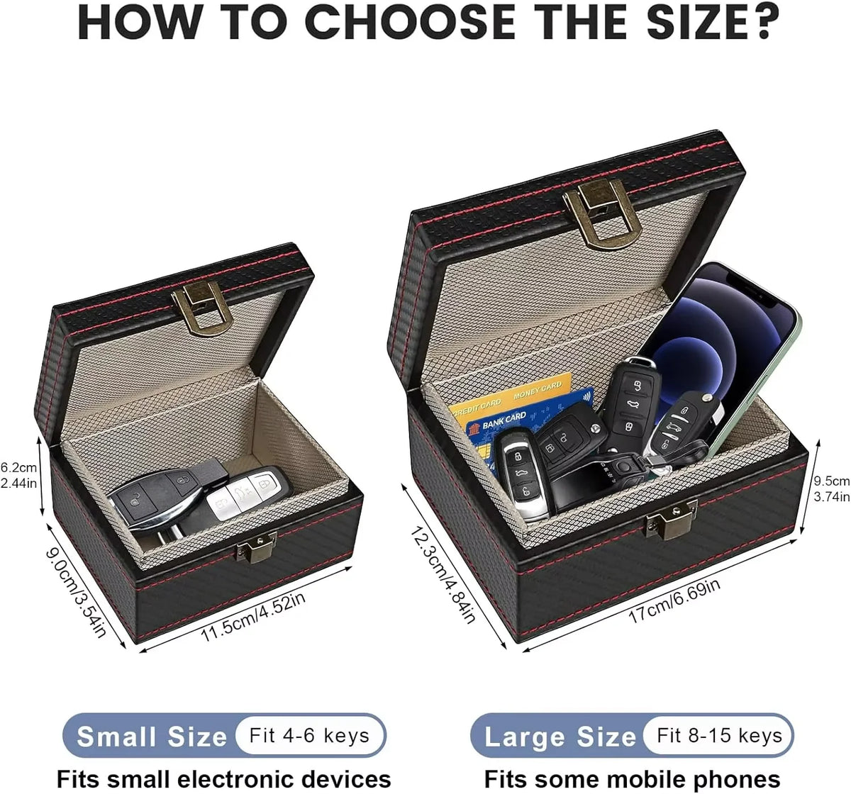 An open carbon fiber box showing how to choose the size for key fobs and phones, with small and large size options displayed.