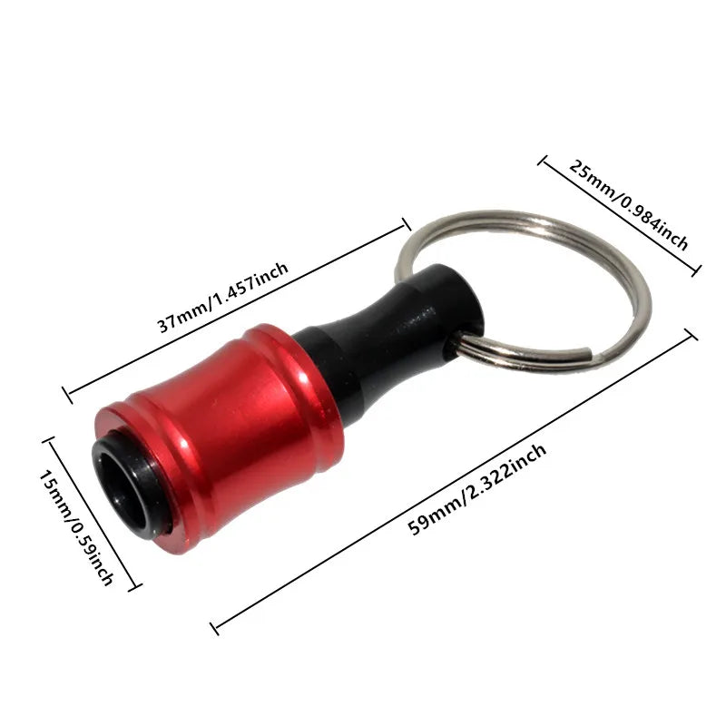 A red and black hex shank screwdriver bit holder extension set with a metal loop.