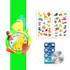A yellow dinosaur-themed digital watch with a silicone band and accompanying dinosaur illustrations.