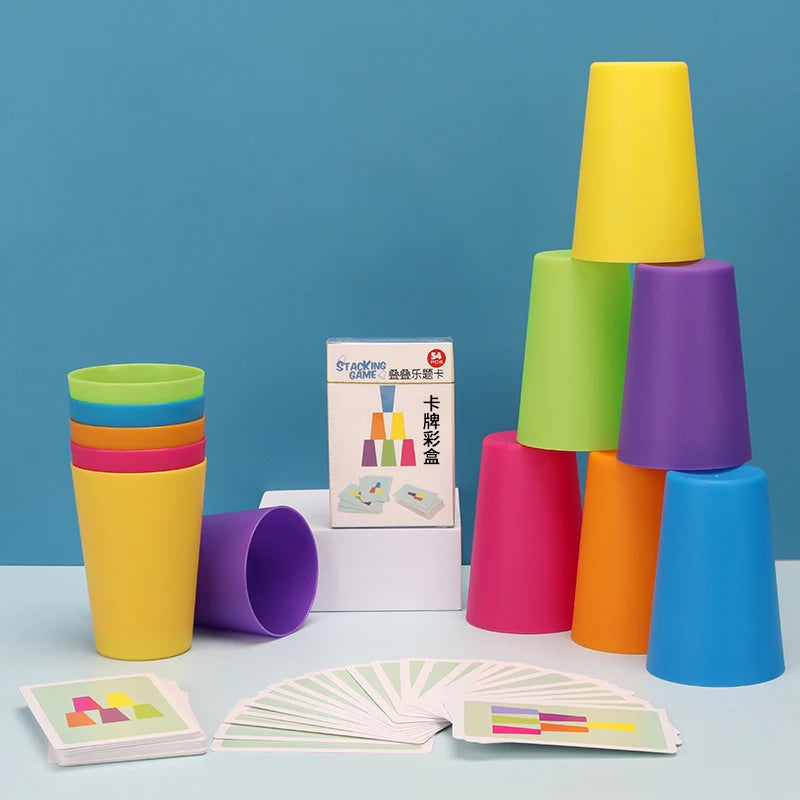 A stack of colorful plastic cups and matching cards for a game