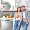 A woman and a man stand in front of a kitchen cabinet showing a dishwasher magnet sign for cleaning status.
