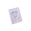 A square pink photo album with a heart cutout for 3-inch photos and cards.