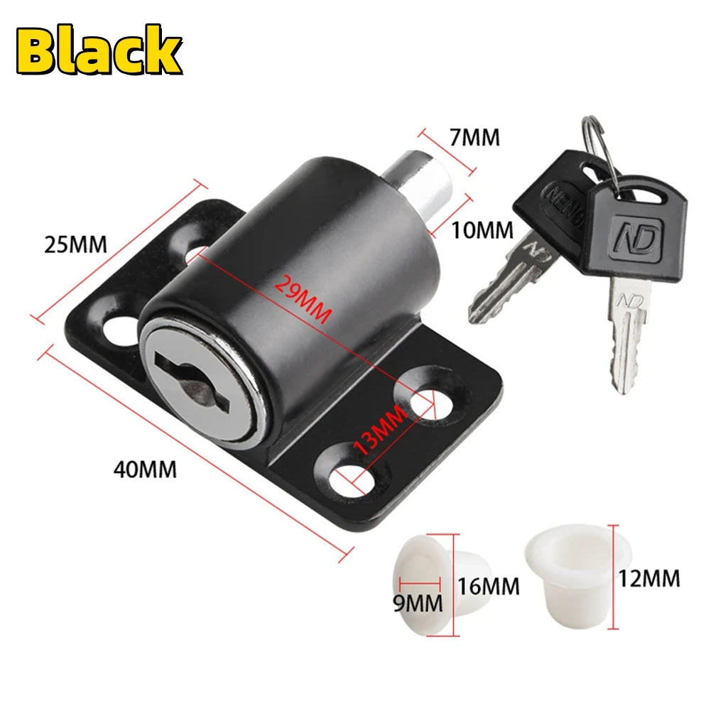 Black sliding door window lock mechanism with a cylinder and two keys shown with various dimensions.