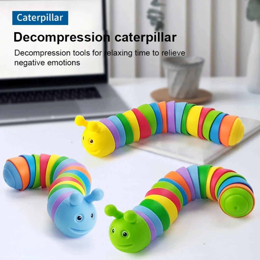 A set of colorful, flexible caterpillar fidget toys for stress relief and relaxation.
