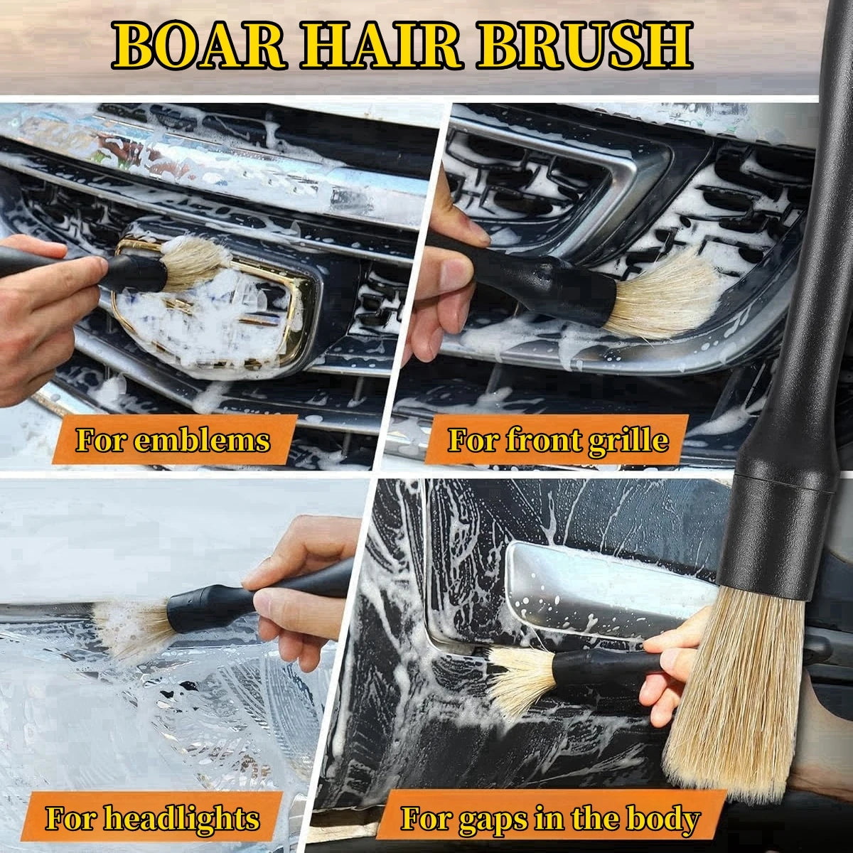 A set of boar hair brushes used for car detailing, including brushes for emblems, front grille, headlights, and body gaps.