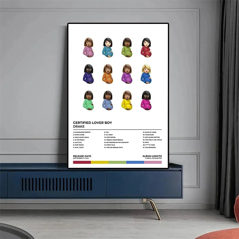 A canvas print featuring a grid of portraits of women in various colors and styles for music lovers