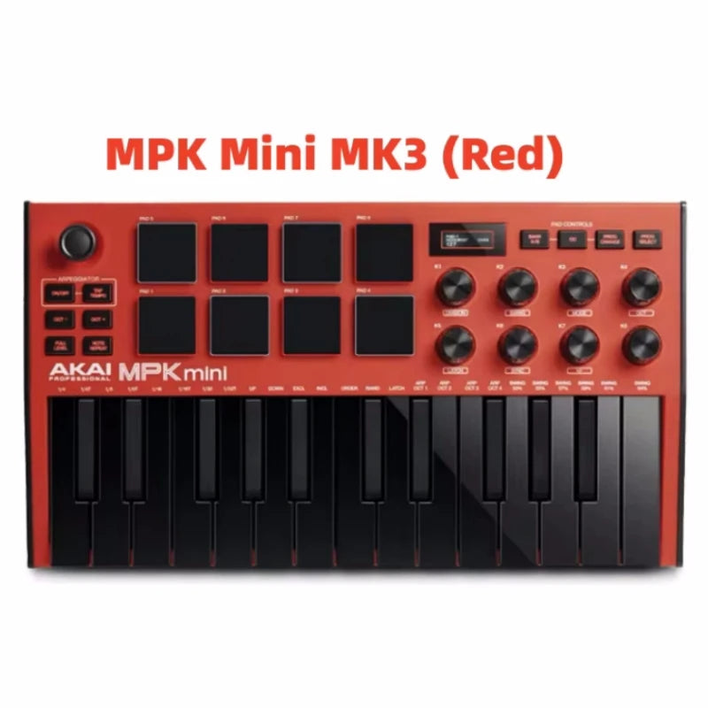 Red AKAI MPK Mini MK3 MIDI keyboard controller with keys, pads, and knobs.