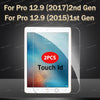 A display showing two tempered glass screen protectors for an iPad, labeled For Pro 12.9 (2017) and For Pro 12.9 (2015).