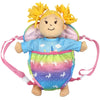 A plush doll carrier backpack featuring a blonde doll with yellow hair and a colorful fabric body.