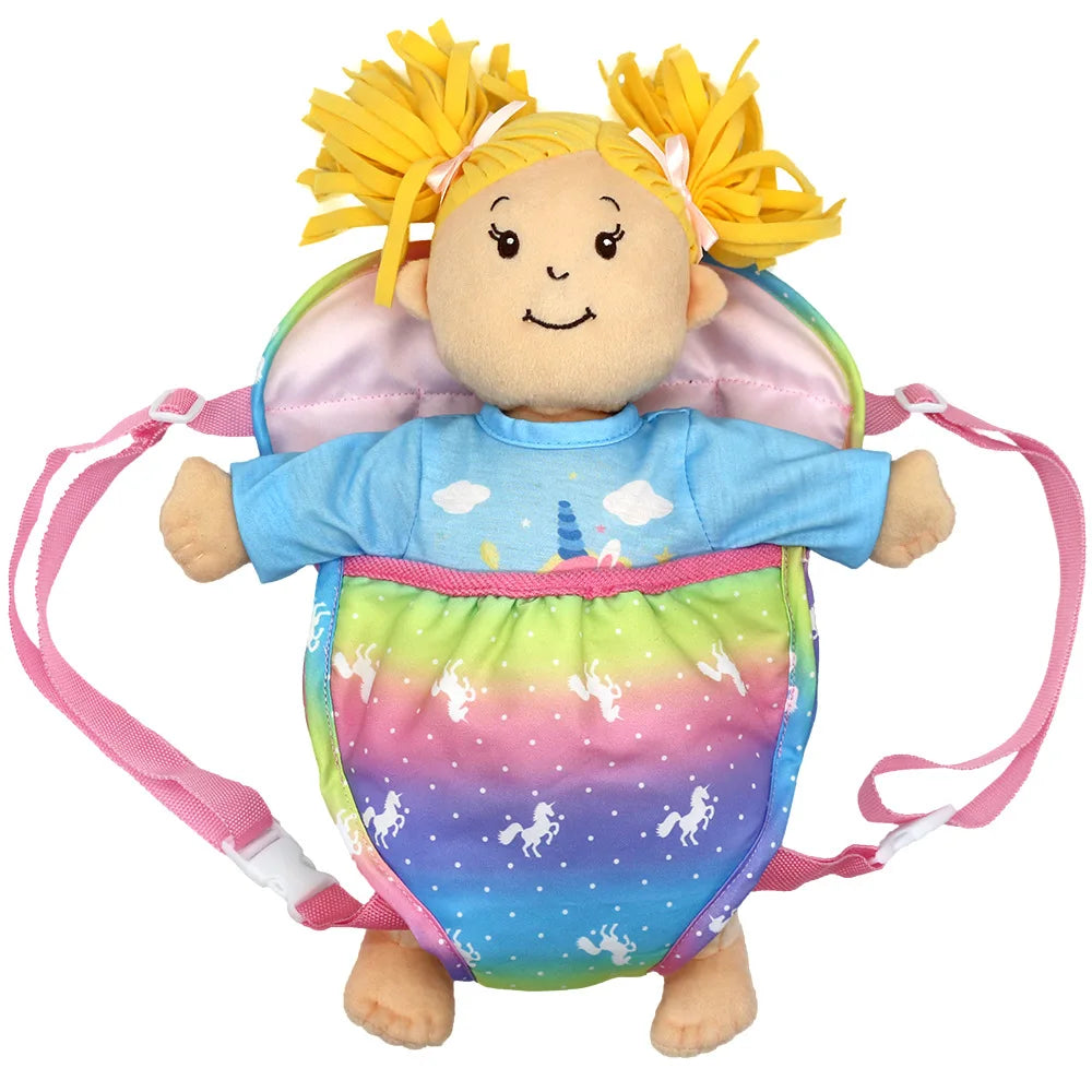 A plush doll carrier backpack featuring a blonde doll with yellow hair and a colorful fabric body.