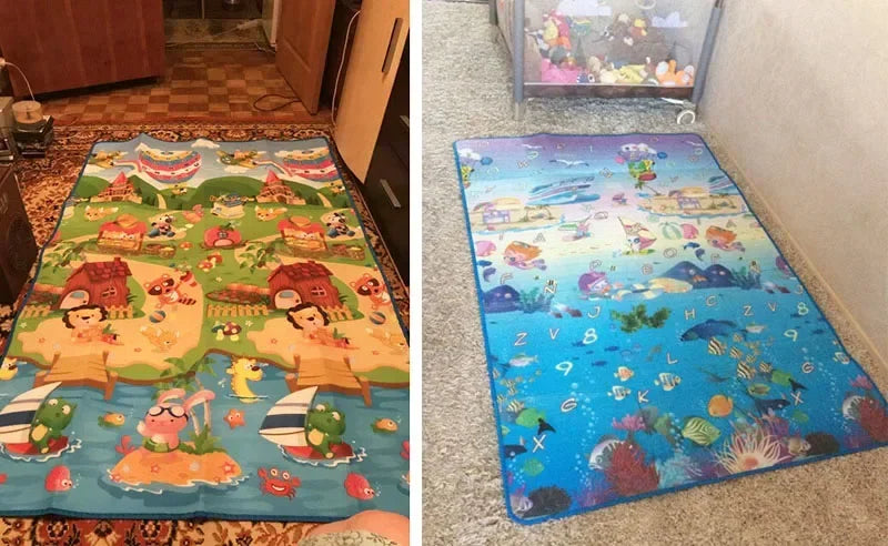 A colorful soft EVA foam baby play mat featuring a farm animal design with various figures and landscapes.