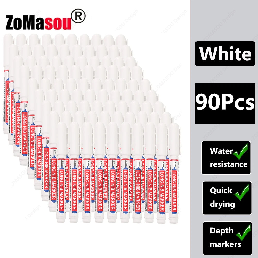 White long-head waterproof deep hole markers for woodworking and construction sold in a 90 piece set