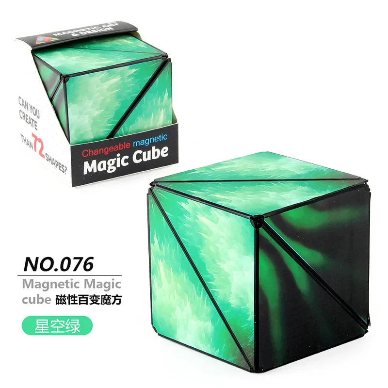 A green magnetic magic cube with a faceted design shown next to its packaging.