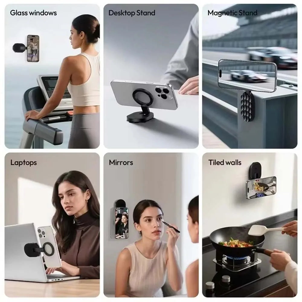 A collection of versatile magnetic stands and mounts for phones, tablets, and devices shown in various contexts.