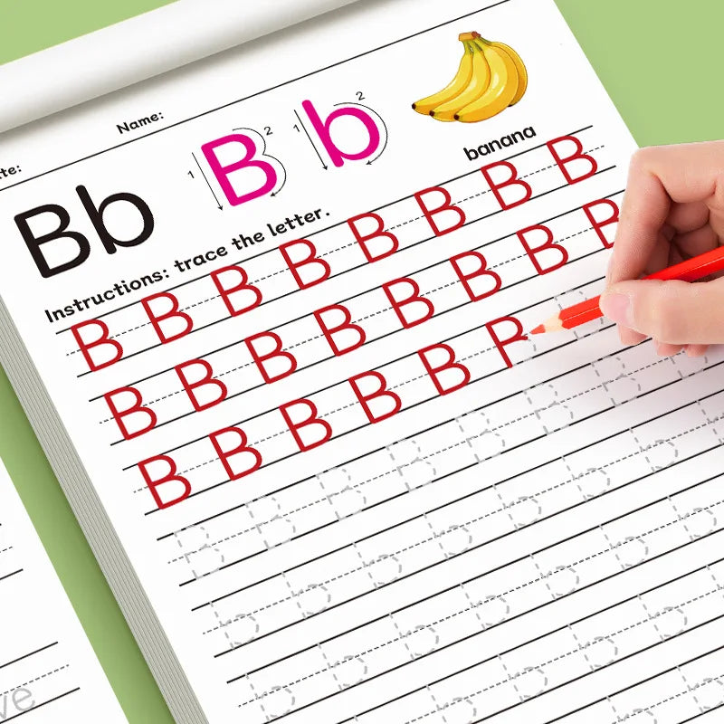 A child's hand is tracing the letter Bb on a worksheet for handwriting practice.