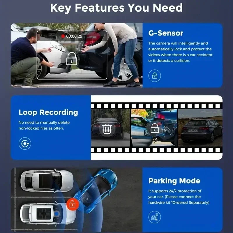 3-Lens WiFi Dash Cam with Front, Interior & Rear Cameras