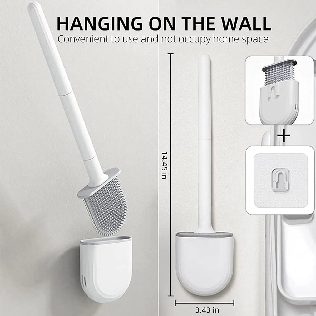 A silicone toilet brush is shown hanging on a wall mount, demonstrating its convenient use and space-saving design.