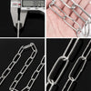 A close-up of a stainless steel chain and a digital measuring device displaying 384 mm.
