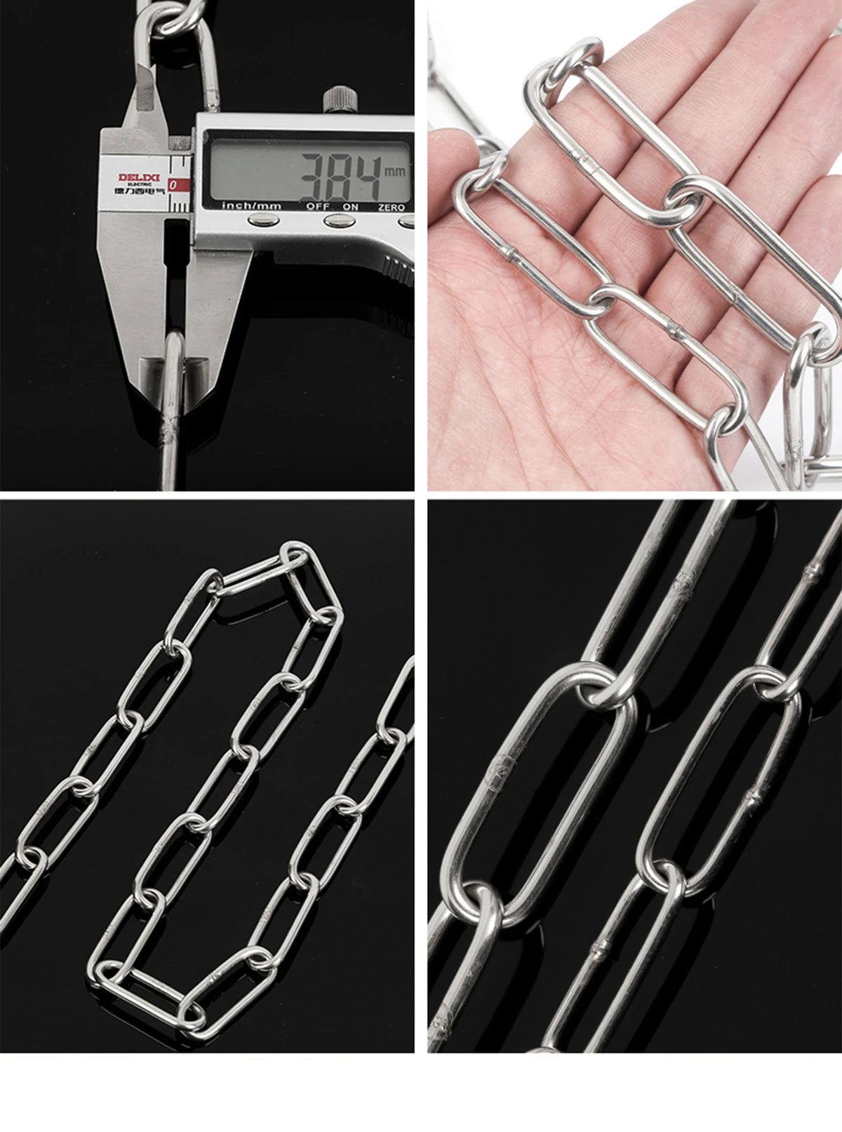 A close-up of a stainless steel chain and a digital measuring device displaying 384 mm.