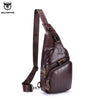 A dark brown men's genuine leather chest bag with a laptop compartment and leather strap.
