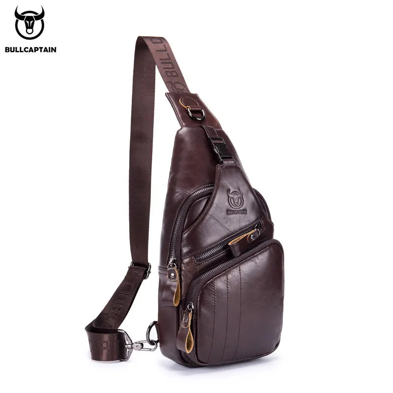 A dark brown men's genuine leather chest bag with a laptop compartment and leather strap.