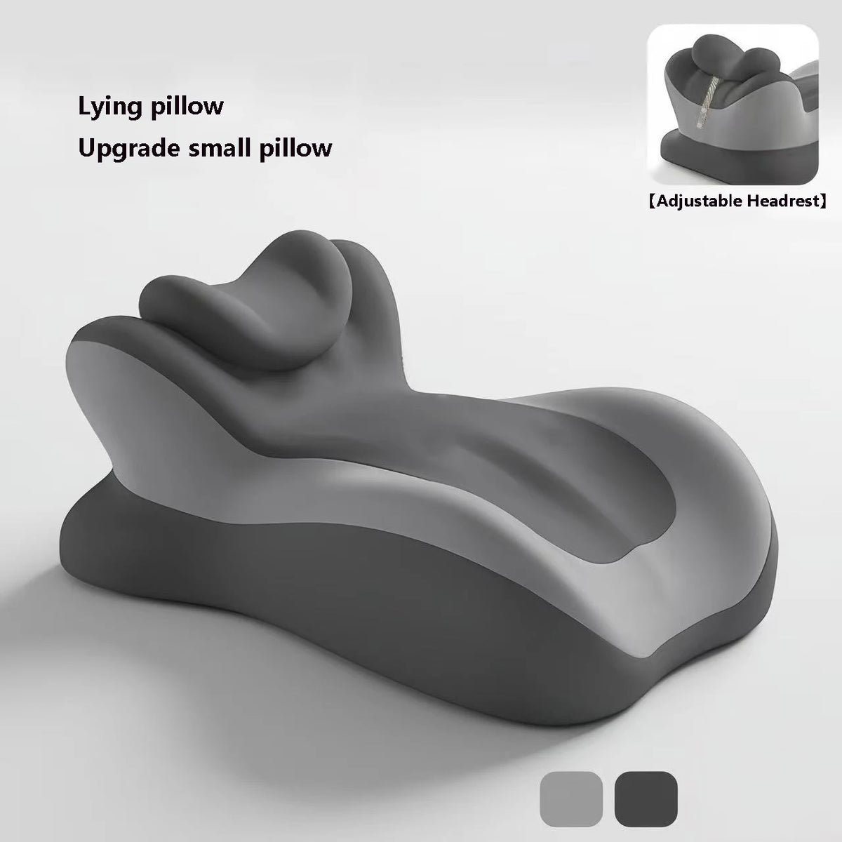 A gray ergonomic memory foam wedge pillow with an adjustable headrest shown in a 3D rendering.