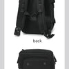Back and bottom views of a black durable nylon travel laptop backpack with multiple compartments