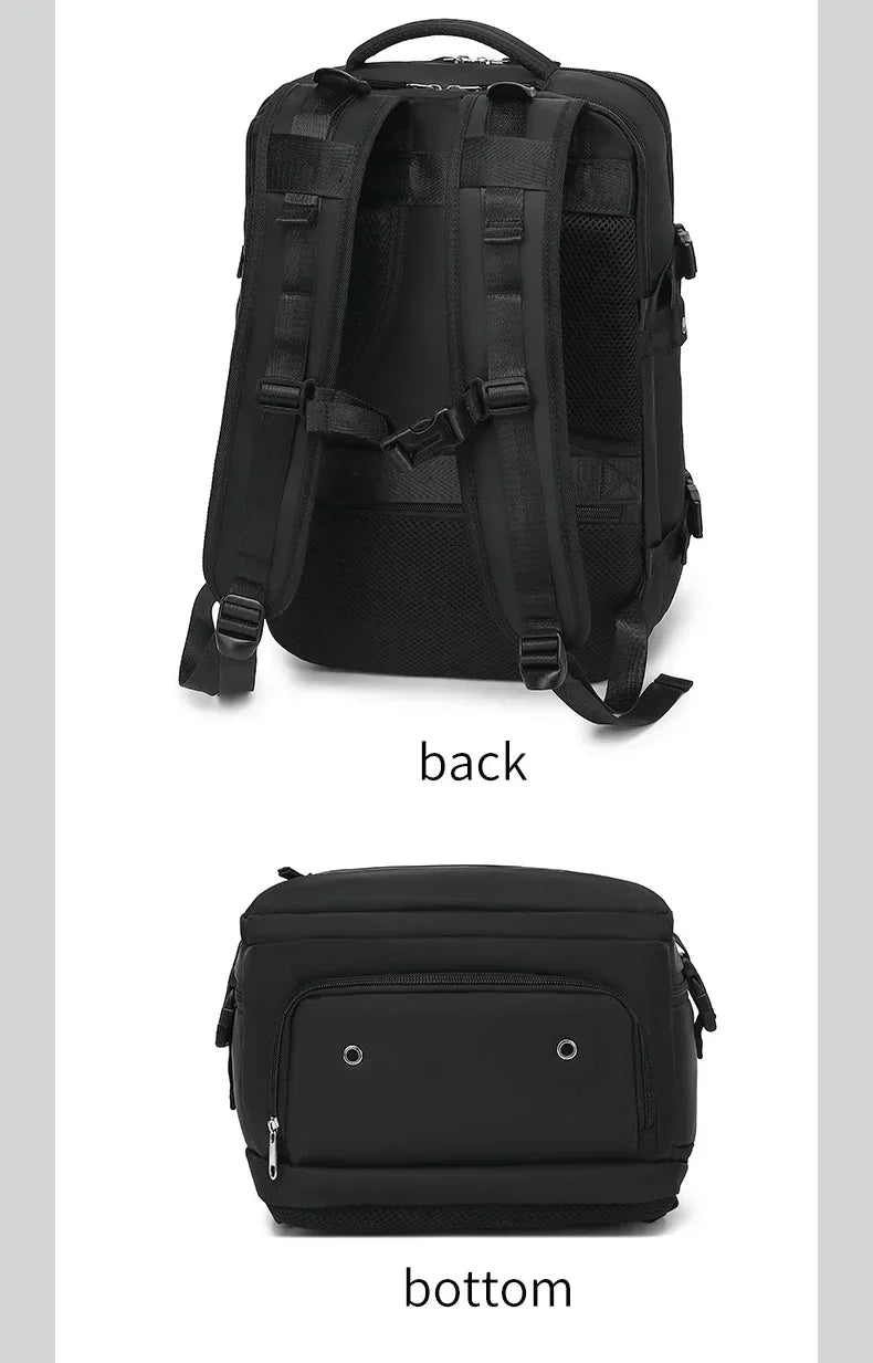 Back and bottom views of a black durable nylon travel laptop backpack with multiple compartments