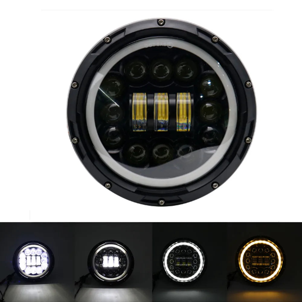 A circular motorcycle LED headlight assembly with angel eyes and daytime running lights
