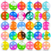 A collection of colorful mini pop keychain fidget toys in various shapes and colors.