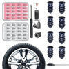 Un kit de réparation de crevaisons de pneus avec divers outils et bouchons de remplacement pour pneus automobiles.