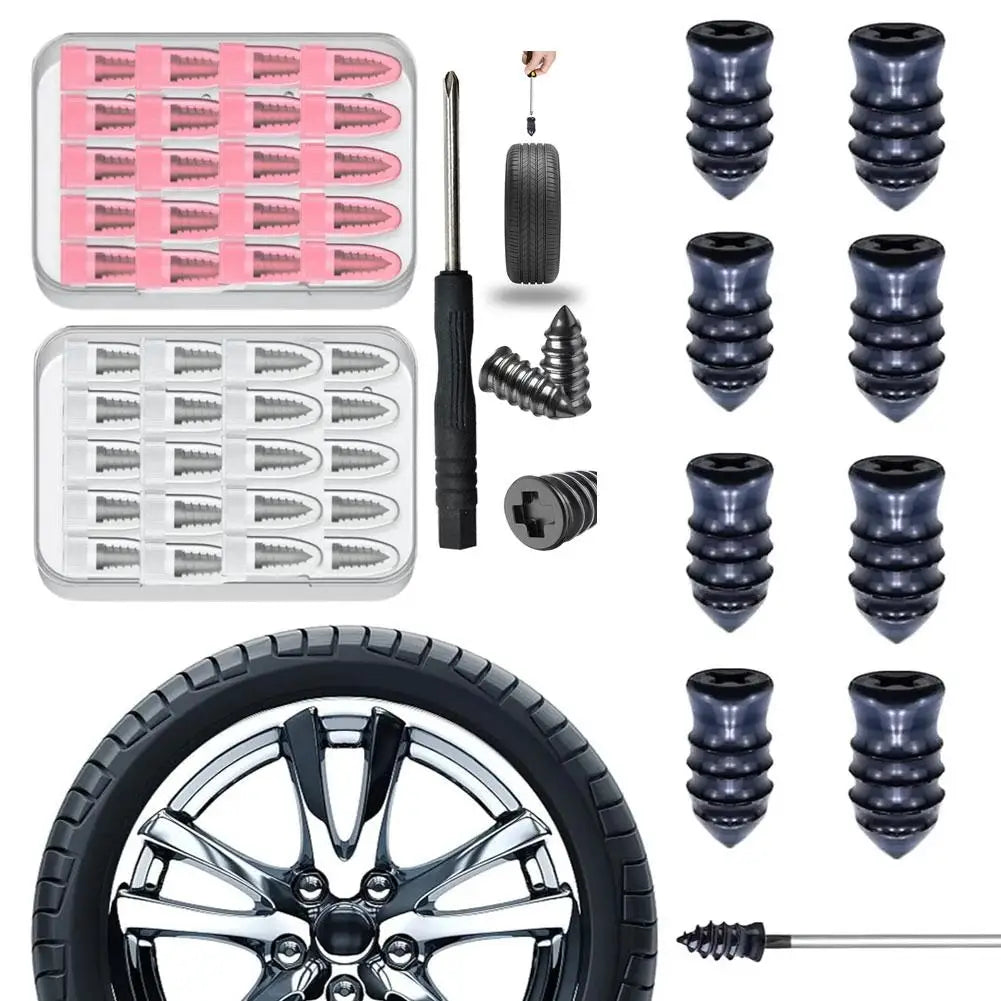 Un kit de réparation de crevaisons de pneus avec divers outils et bouchons de remplacement pour pneus automobiles.