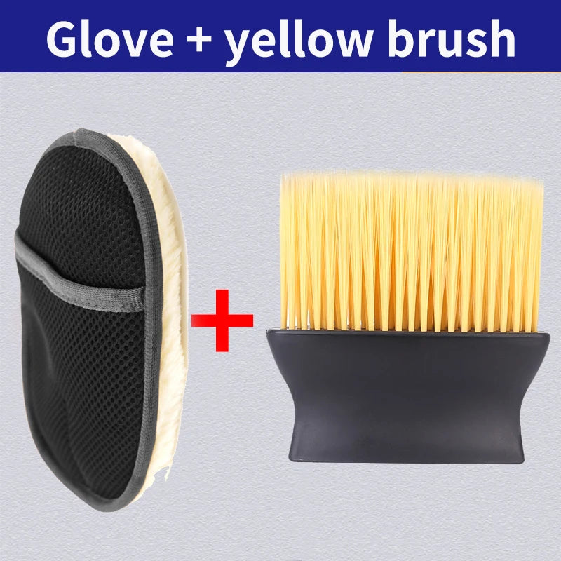 A black microfiber car wash glove and a yellow brush are shown side by side.