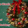 A close-up of a festive LED Christmas wreath decorated with pinecone red berries and artificial garland.