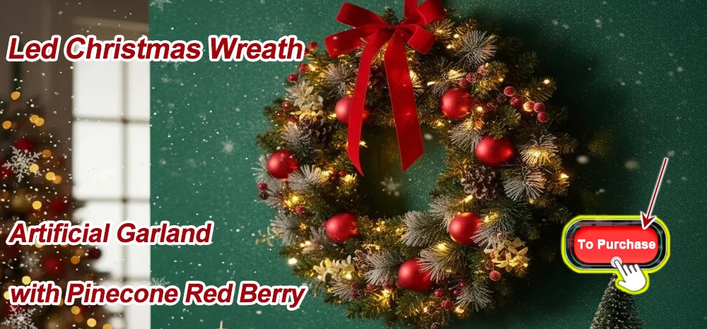 A close-up of a festive LED Christmas wreath decorated with pinecone red berries and artificial garland.